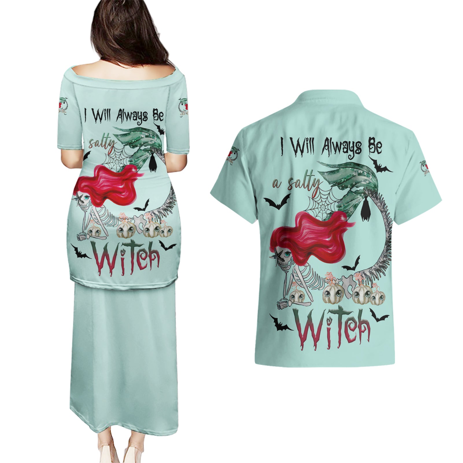 Salty Witch Mermaid Halloween Couples Matching Puletasi Dress and Hawaiian Shirt - Wonder Print Shop