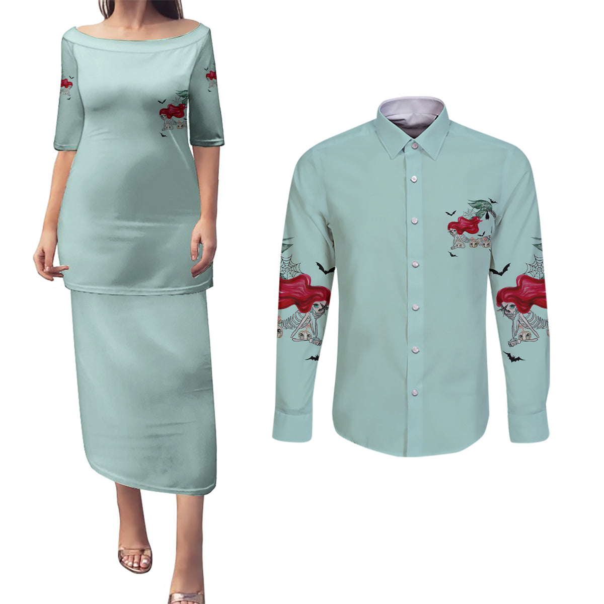 Salty Witch Mermaid Halloween Couples Matching Puletasi Dress and Long Sleeve Button Shirt - Wonder Print Shop
