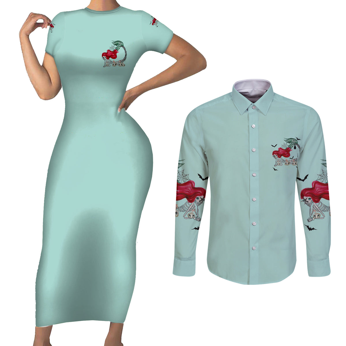 Salty Witch Mermaid Halloween Couples Matching Short Sleeve Bodycon Dress and Long Sleeve Button Shirt - Wonder Print Shop