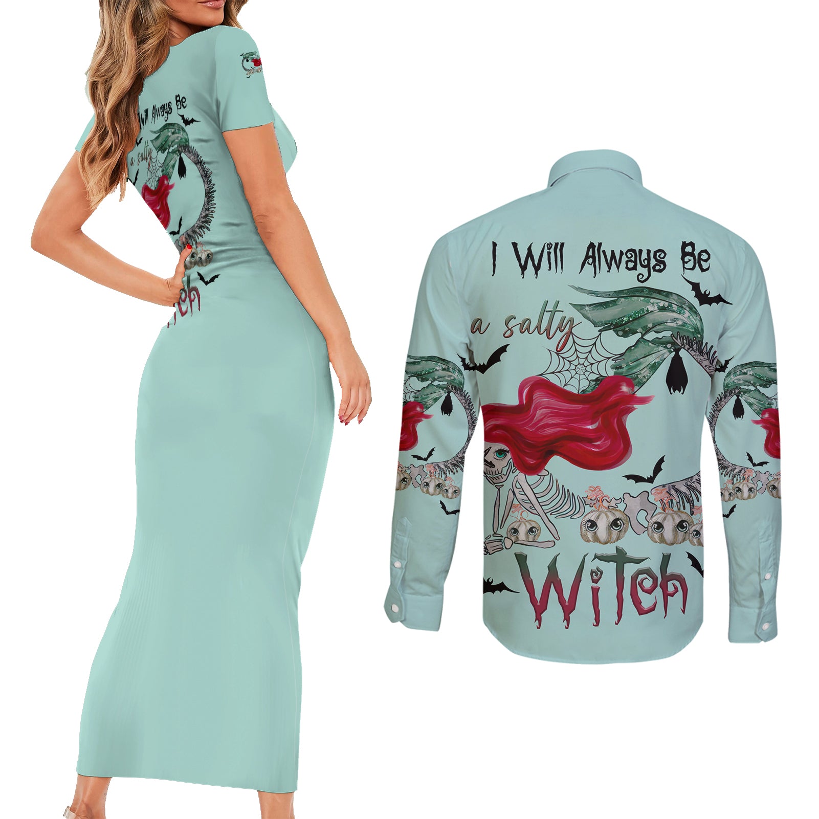 Salty Witch Mermaid Halloween Couples Matching Short Sleeve Bodycon Dress and Long Sleeve Button Shirt - Wonder Print Shop