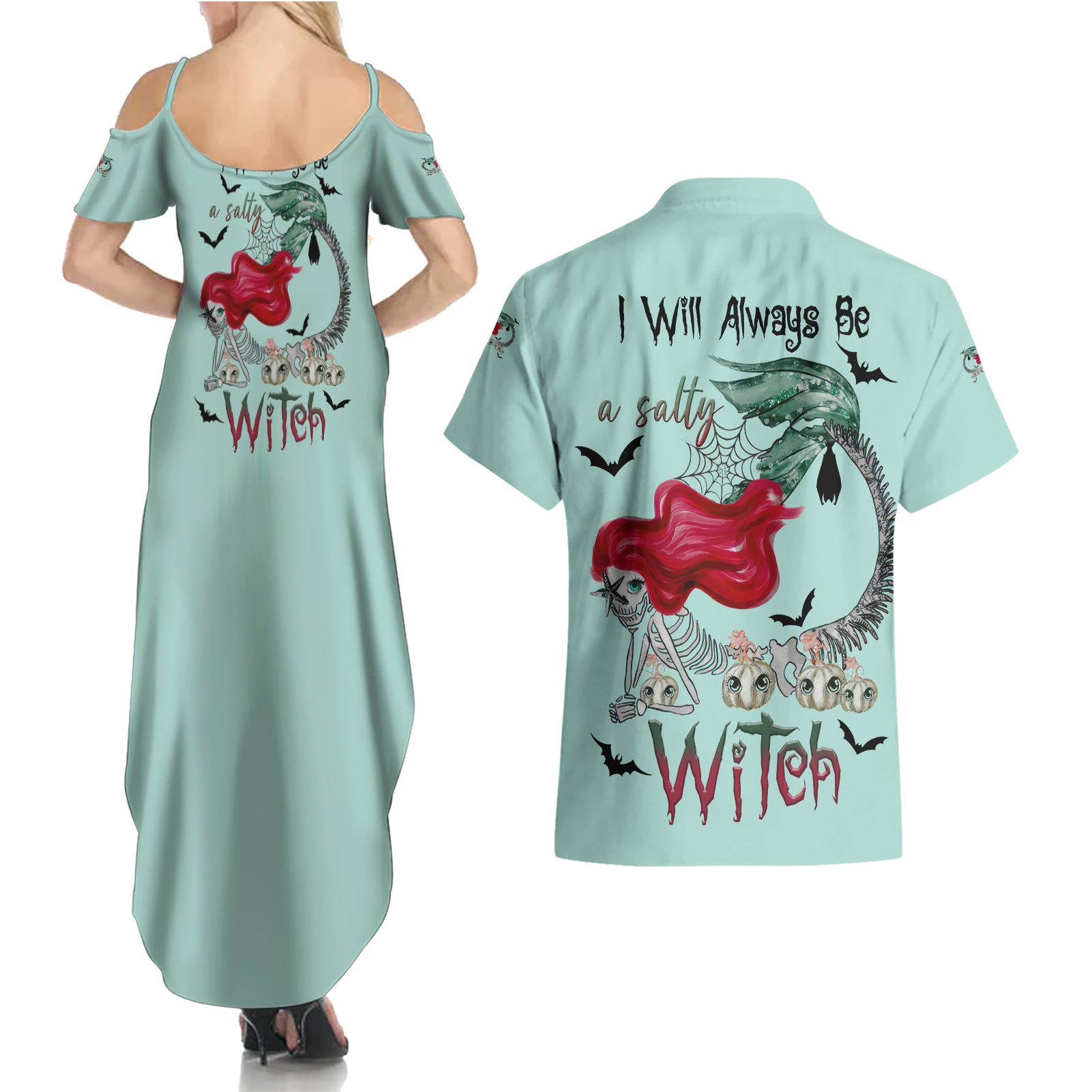 Salty Witch Mermaid Halloween Couples Matching Summer Maxi Dress and Hawaiian Shirt - Wonder Print Shop