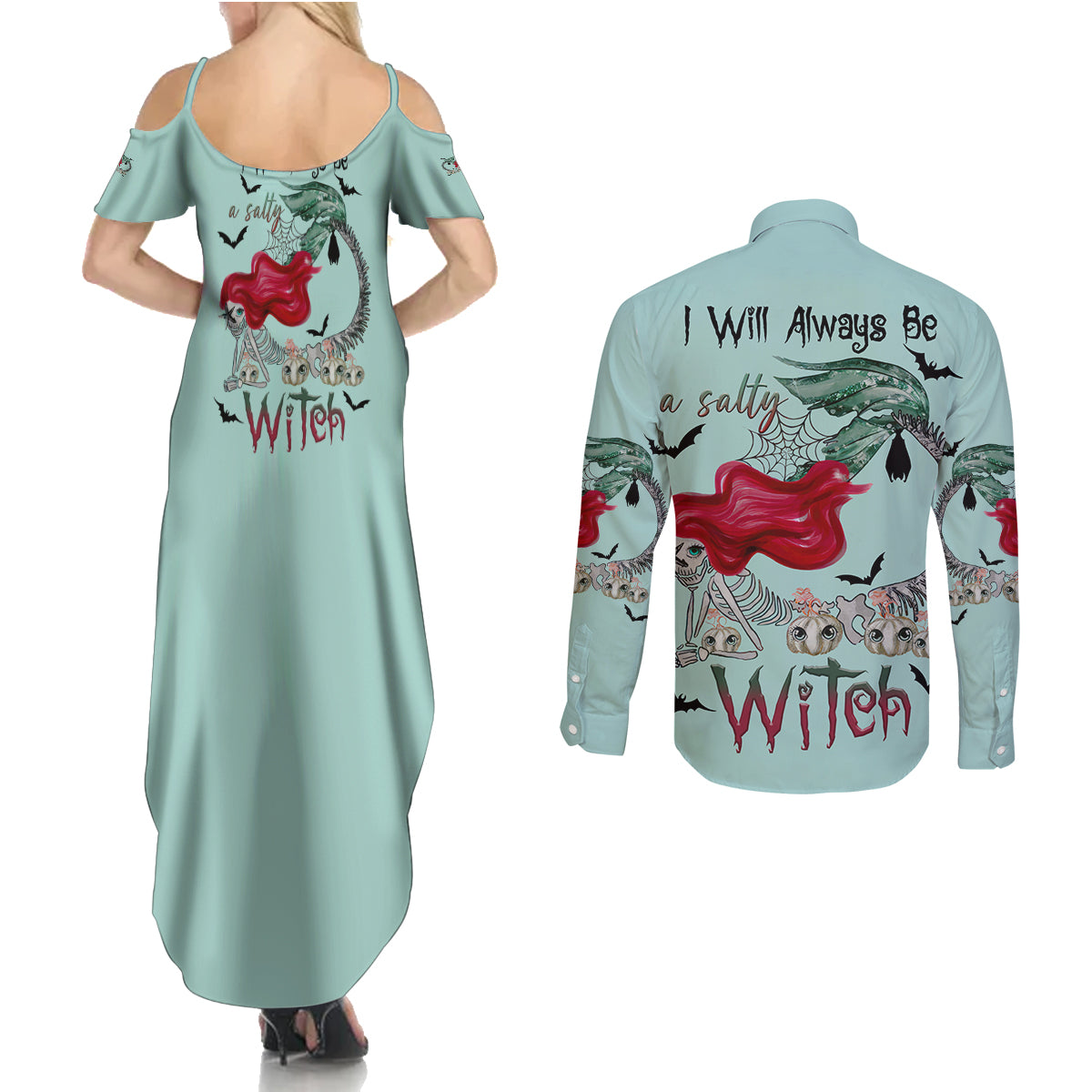 Salty Witch Mermaid Halloween Couples Matching Summer Maxi Dress and Long Sleeve Button Shirt - Wonder Print Shop