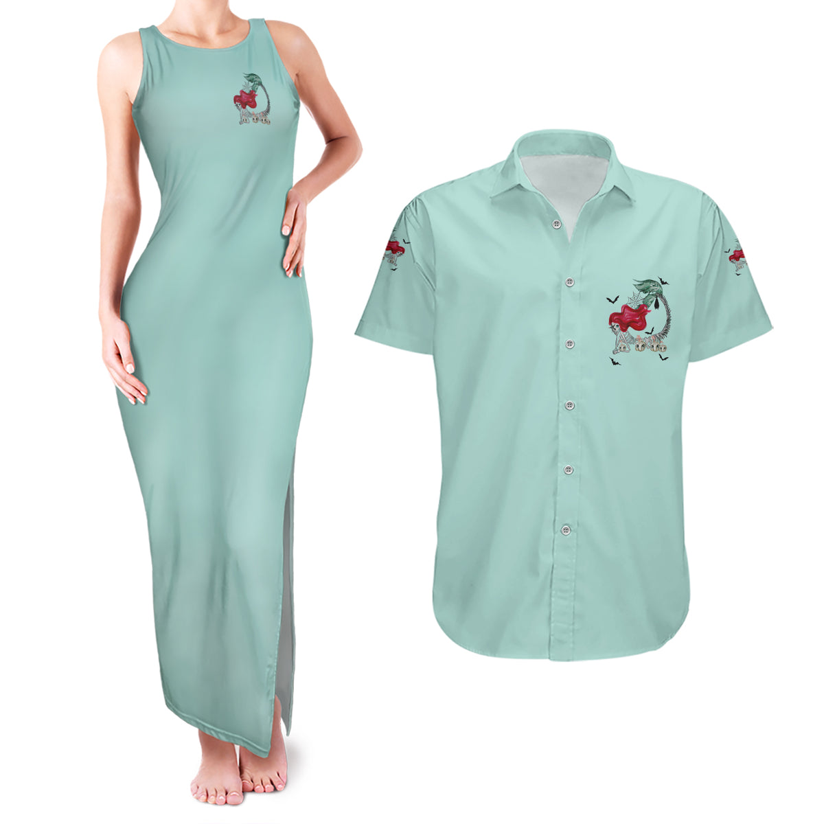 Salty Witch Mermaid Halloween Couples Matching Tank Maxi Dress and Hawaiian Shirt - Wonder Print Shop