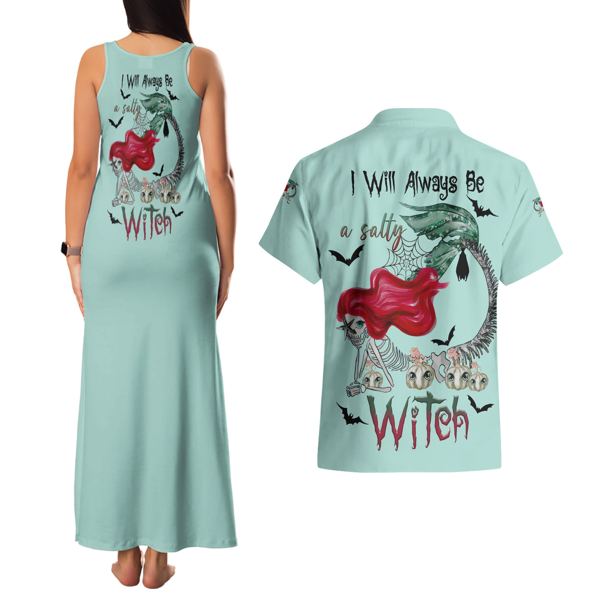 Salty Witch Mermaid Halloween Couples Matching Tank Maxi Dress and Hawaiian Shirt - Wonder Print Shop