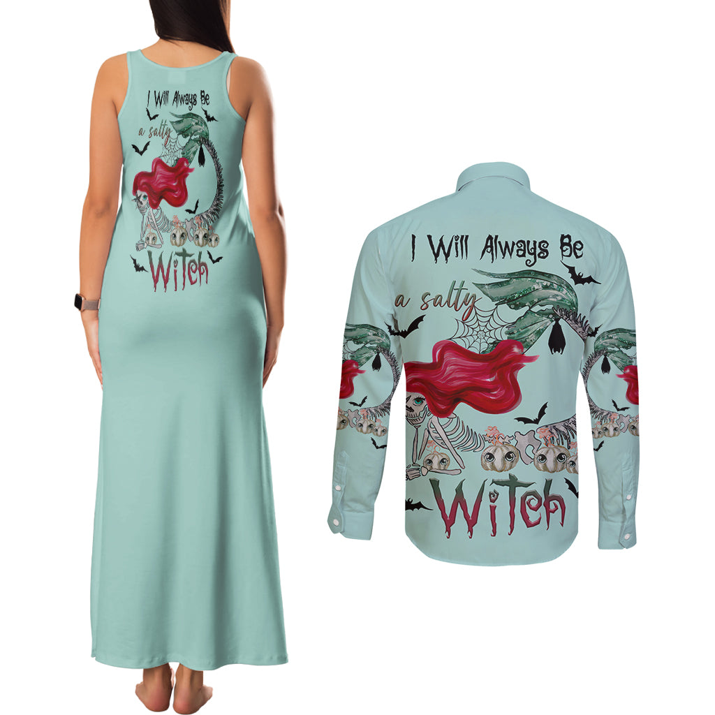 Salty Witch Mermaid Halloween Couples Matching Tank Maxi Dress and Long Sleeve Button Shirt - Wonder Print Shop