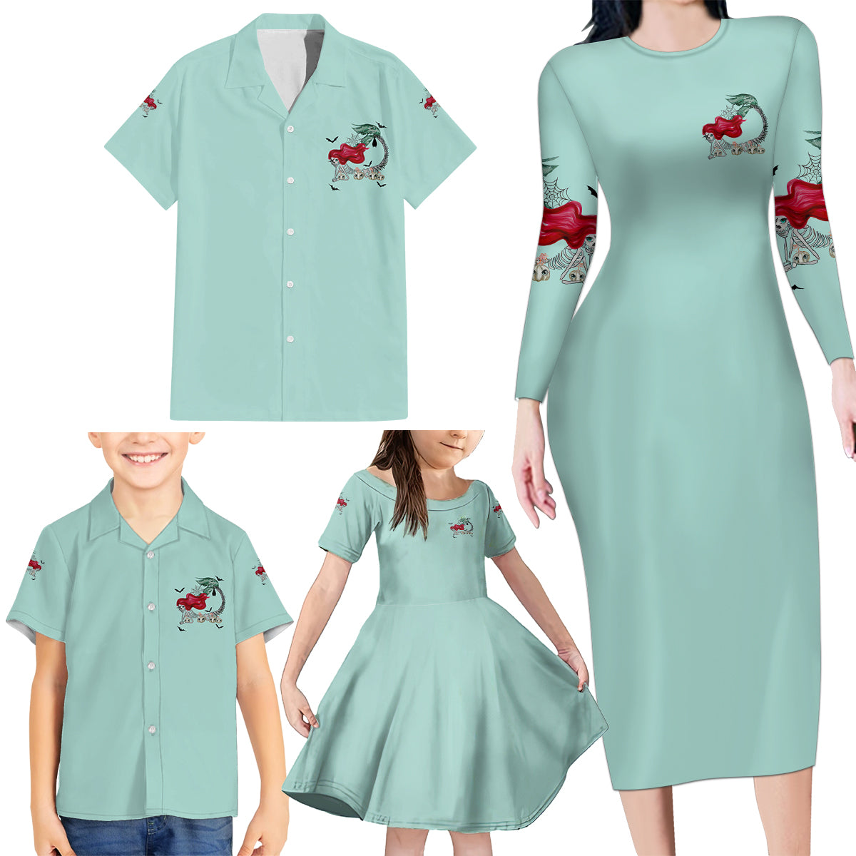 Salty Witch Mermaid Halloween Family Matching Long Sleeve Bodycon Dress and Hawaiian Shirt - Wonder Print Shop