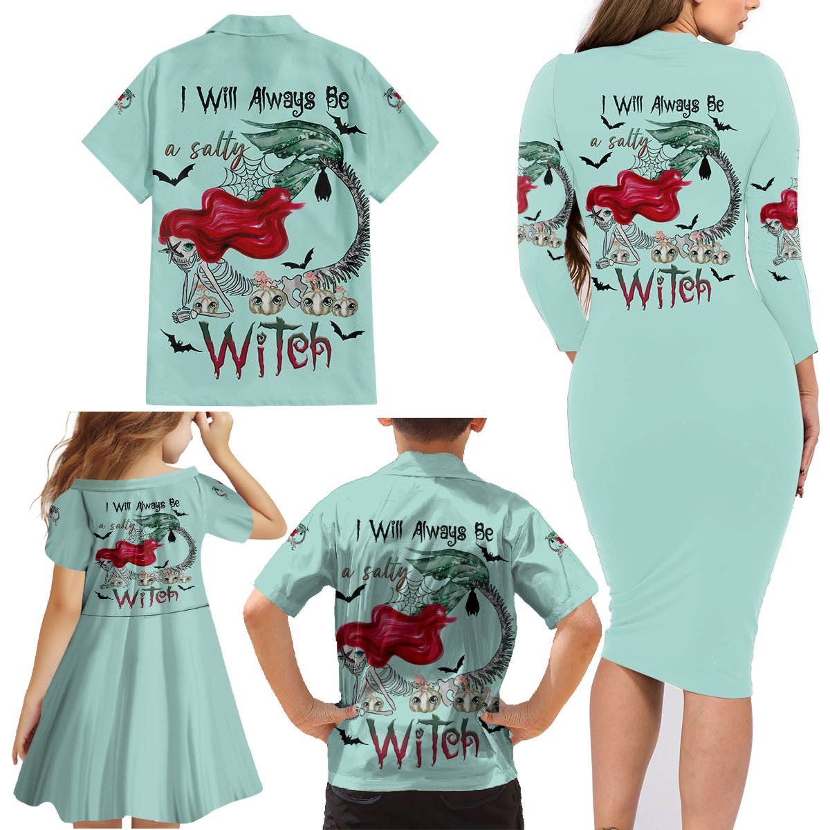 Salty Witch Mermaid Halloween Family Matching Long Sleeve Bodycon Dress and Hawaiian Shirt - Wonder Print Shop