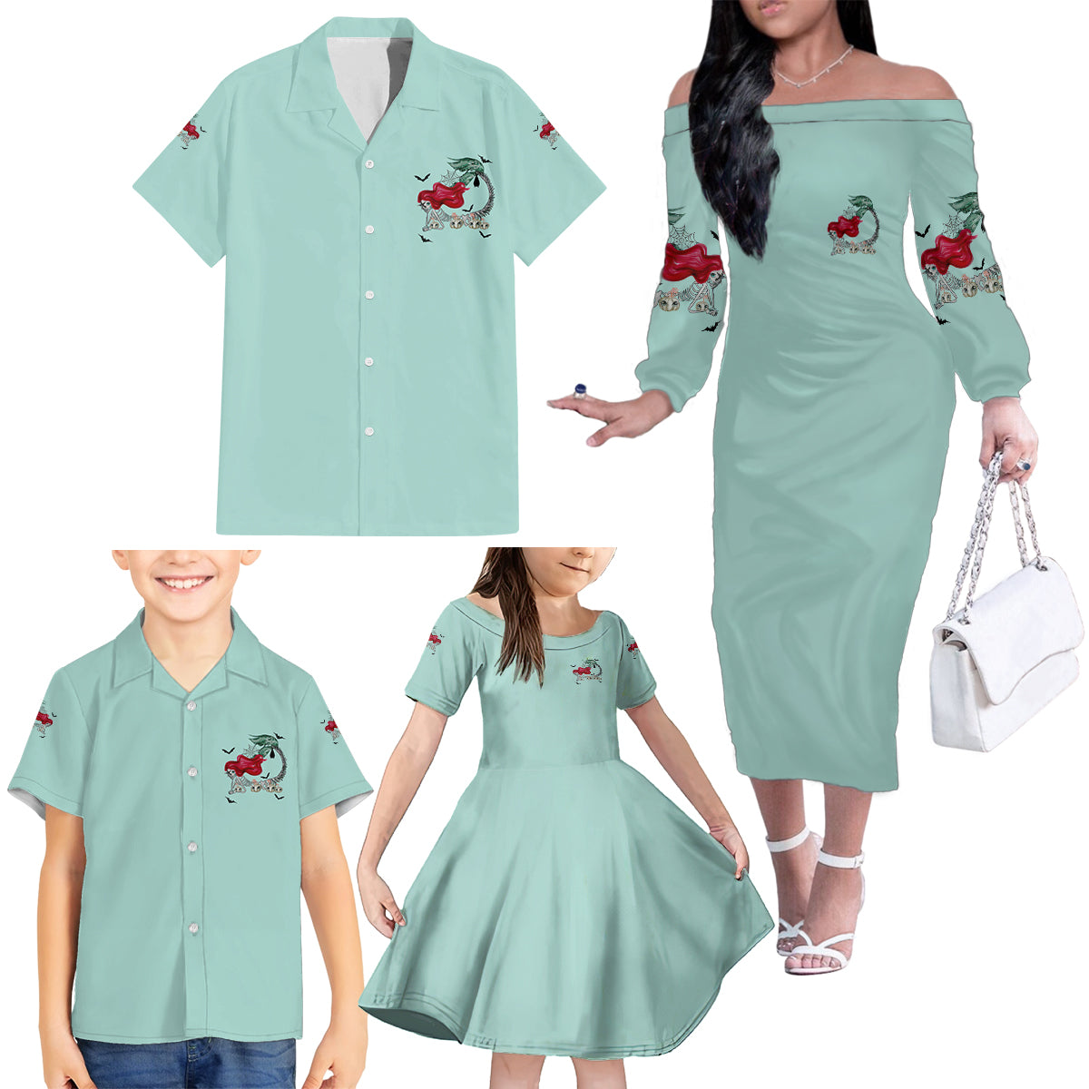 Salty Witch Mermaid Halloween Family Matching Off Shoulder Long Sleeve Dress and Hawaiian Shirt - Wonder Print Shop