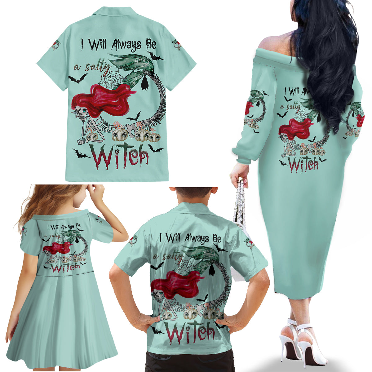 Salty Witch Mermaid Halloween Family Matching Off Shoulder Long Sleeve Dress and Hawaiian Shirt - Wonder Print Shop