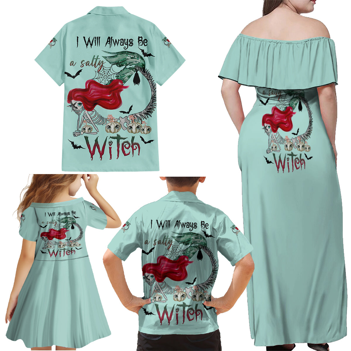 Salty Witch Mermaid Halloween Family Matching Off Shoulder Maxi Dress and Hawaiian Shirt - Wonder Print Shop