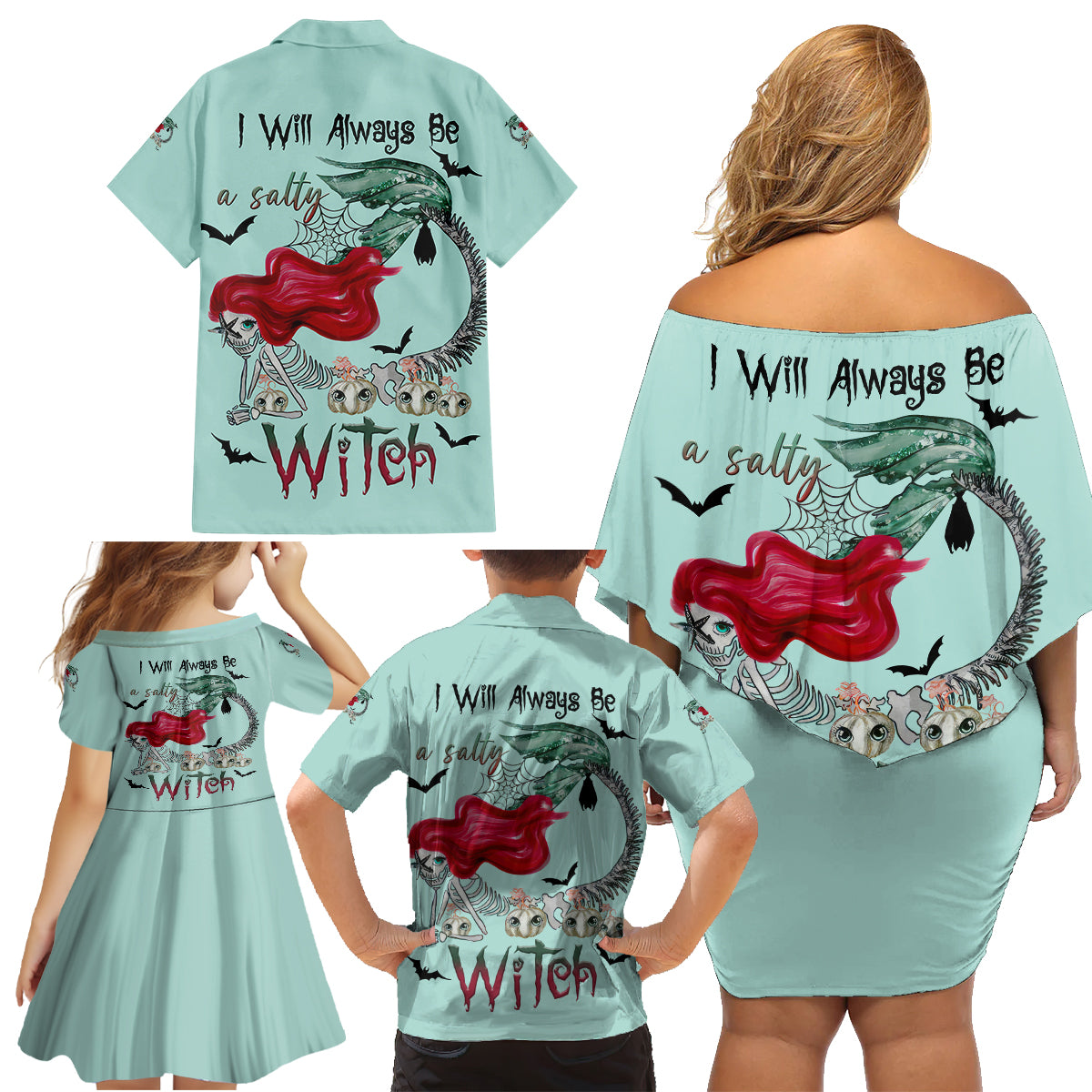 Salty Witch Mermaid Halloween Family Matching Off Shoulder Short Dress and Hawaiian Shirt - Wonder Print Shop