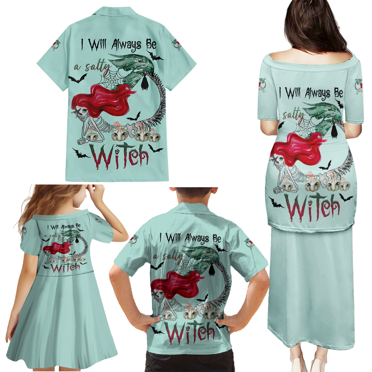Salty Witch Mermaid Halloween Family Matching Puletasi Dress and Hawaiian Shirt - Wonder Print Shop