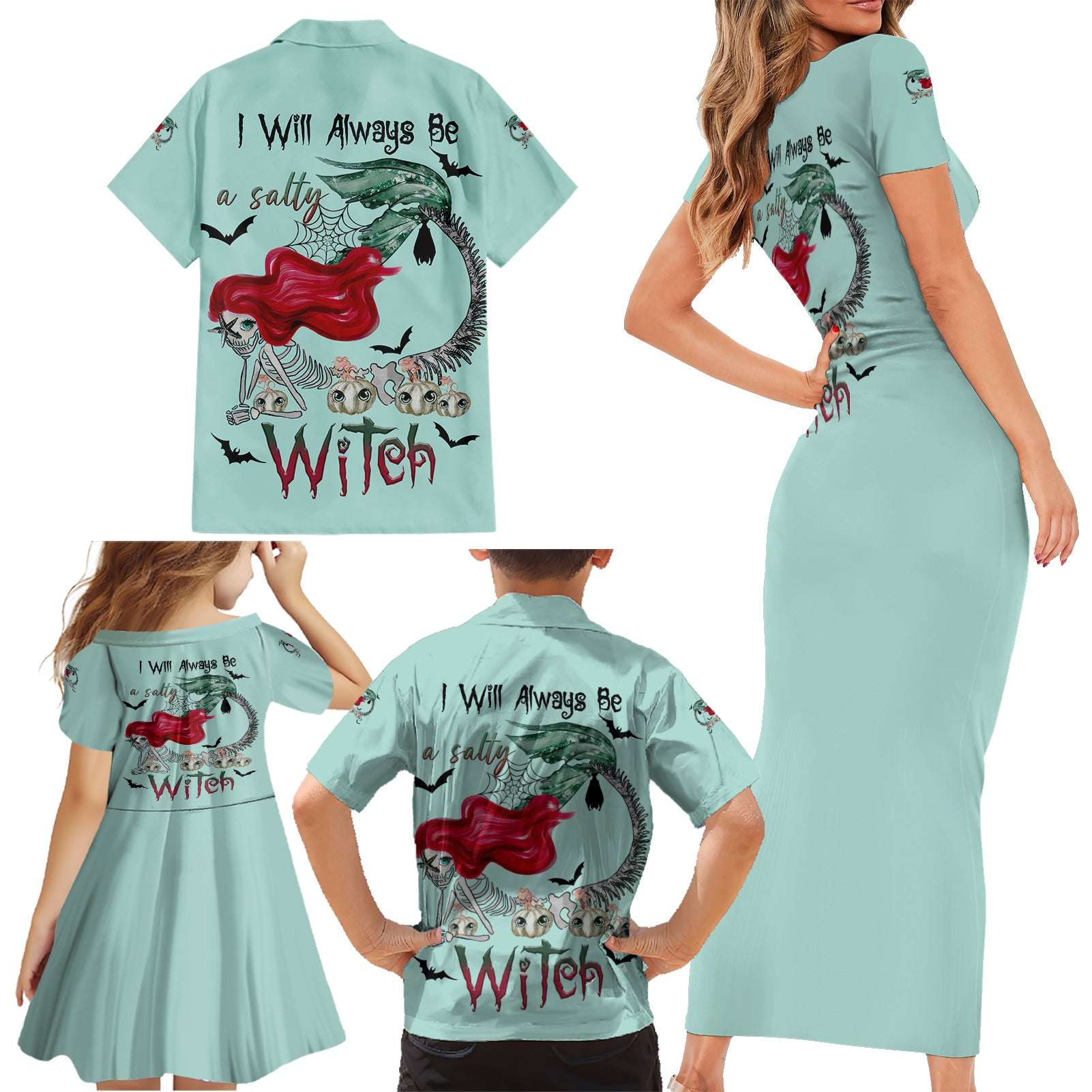 Salty Witch Mermaid Halloween Family Matching Short Sleeve Bodycon Dress and Hawaiian Shirt - Wonder Print Shop