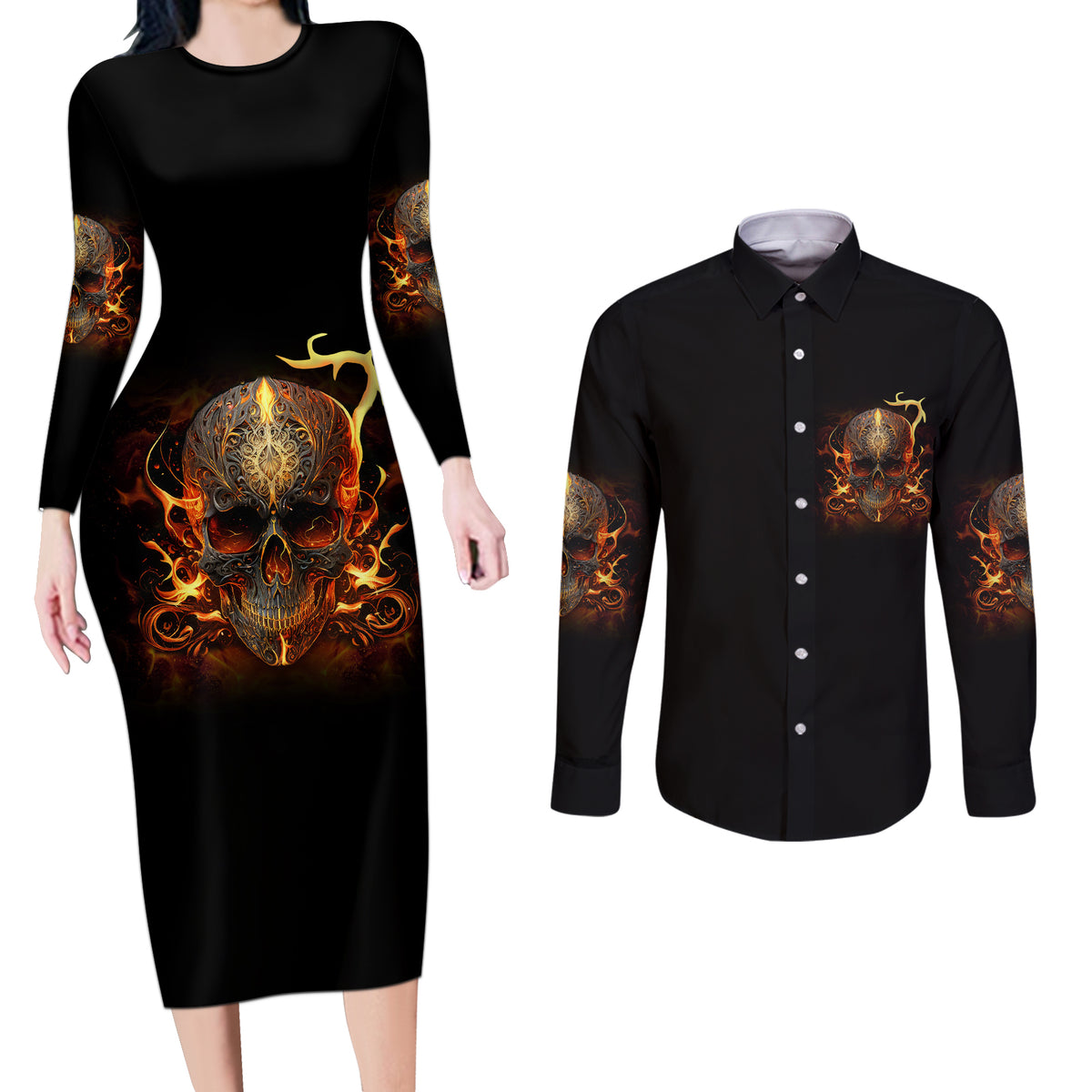 Did I Piss You Off Skull Filagree Couples Matching Long Sleeve Bodycon Dress and Long Sleeve Button Shirt - Wonder Print Shop