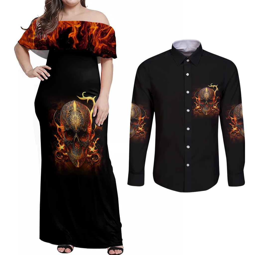 Did I Piss You Off Skull Filagree Couples Matching Off Shoulder Maxi Dress and Long Sleeve Button Shirt - Wonder Print Shop