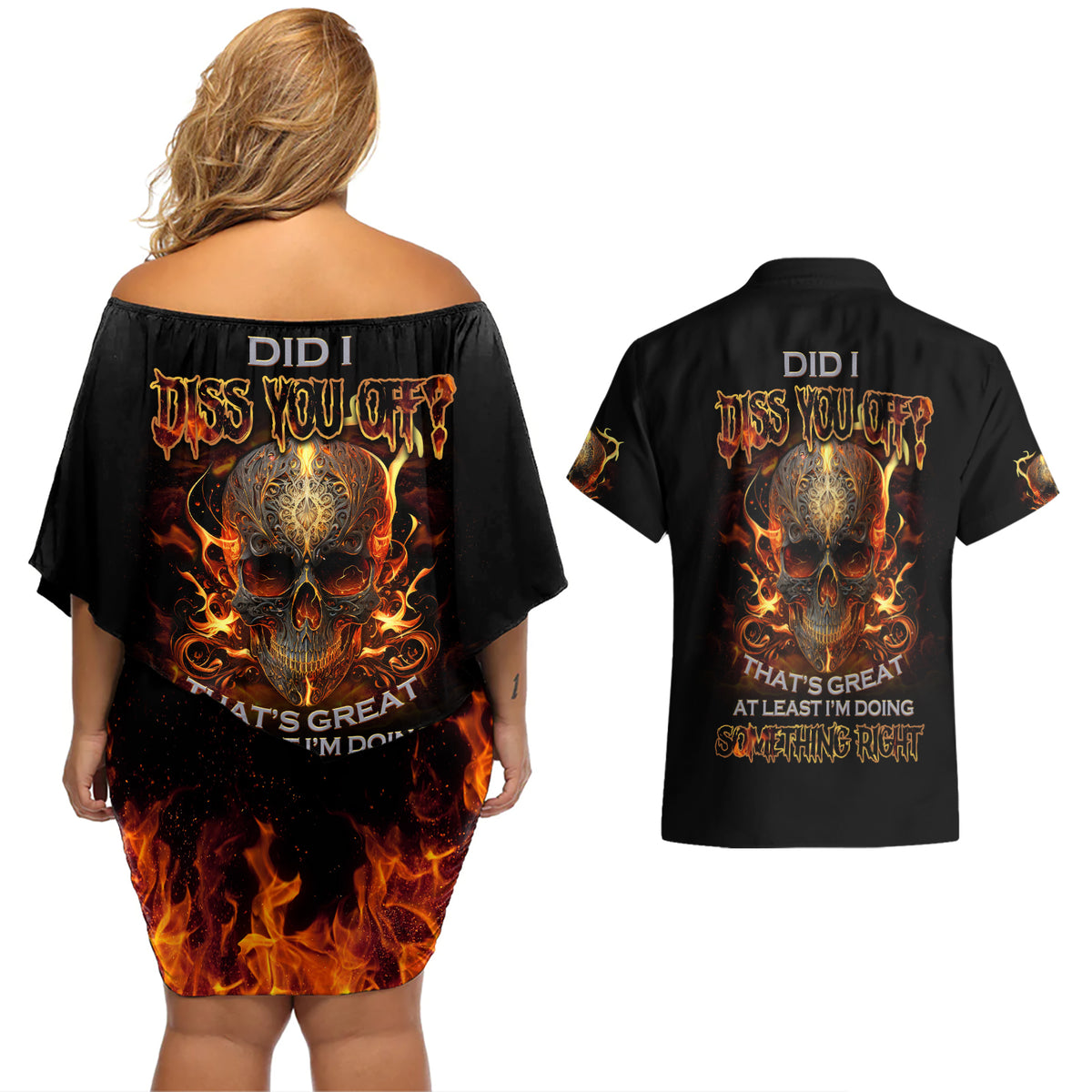 Did I Piss You Off Skull Filagree Couples Matching Off Shoulder Short Dress and Hawaiian Shirt - Wonder Print Shop