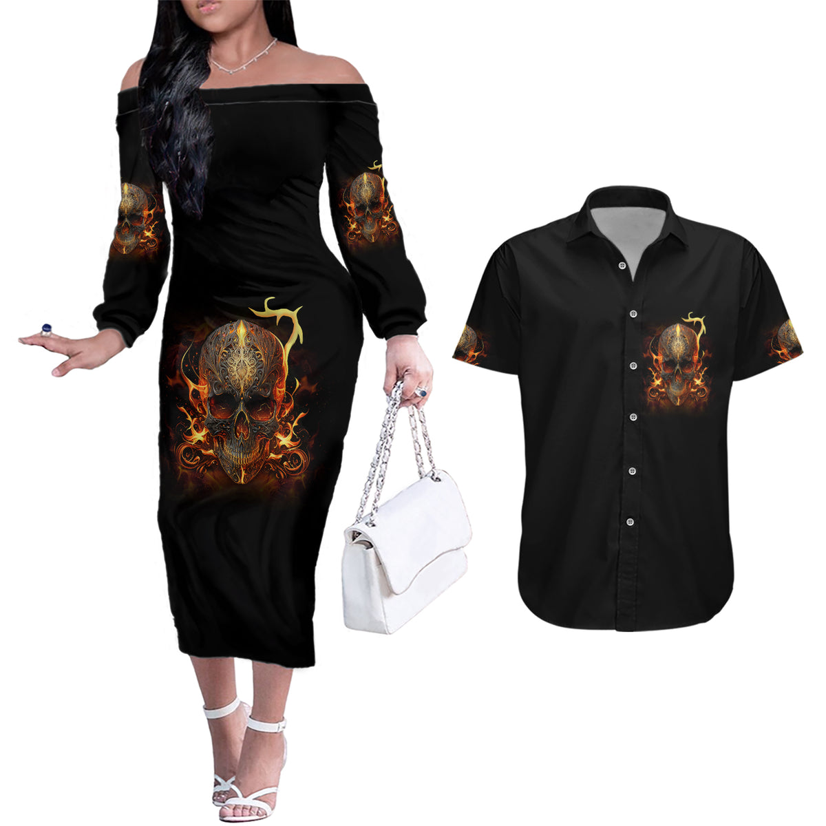 Did I Piss You Off Skull Filagree Couples Matching Off The Shoulder Long Sleeve Dress and Hawaiian Shirt - Wonder Print Shop