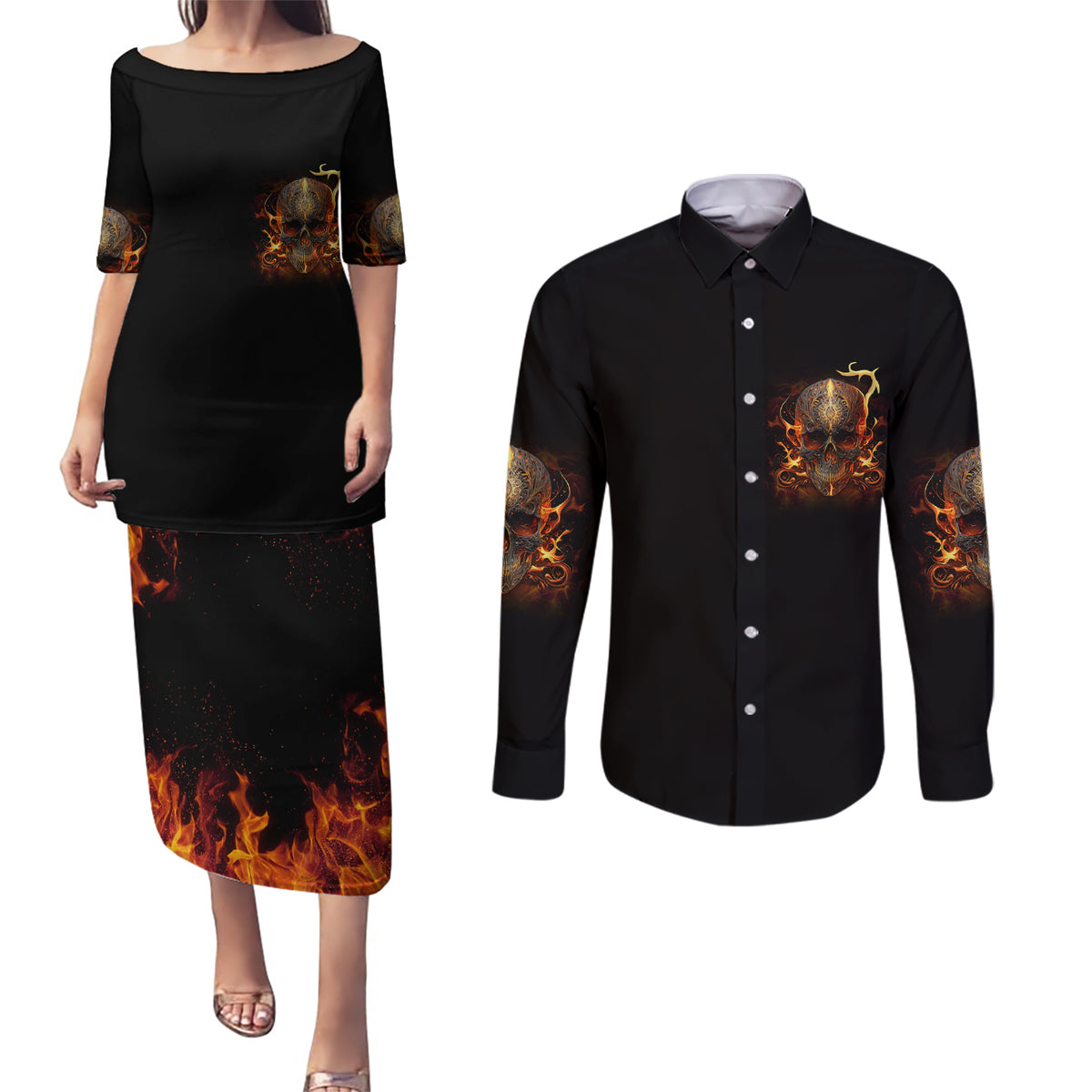 Did I Piss You Off Skull Filagree Couples Matching Puletasi Dress and Long Sleeve Button Shirt - Wonder Print Shop