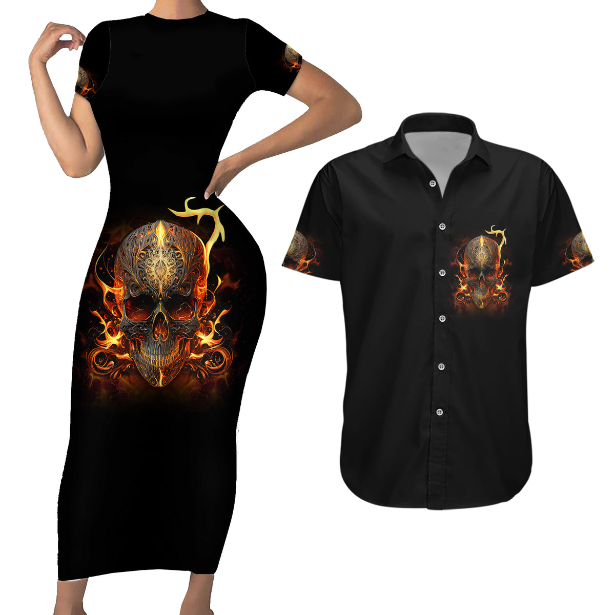 Did I Piss You Off Skull Filagree Couples Matching Short Sleeve Bodycon Dress and Hawaiian Shirt - Wonder Print Shop