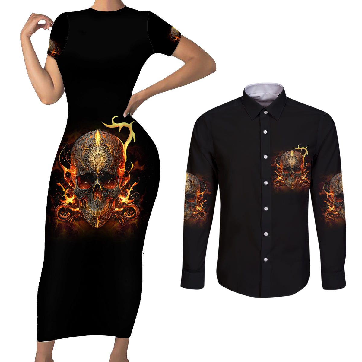 Did I Piss You Off Skull Filagree Couples Matching Short Sleeve Bodycon Dress and Long Sleeve Button Shirt - Wonder Print Shop