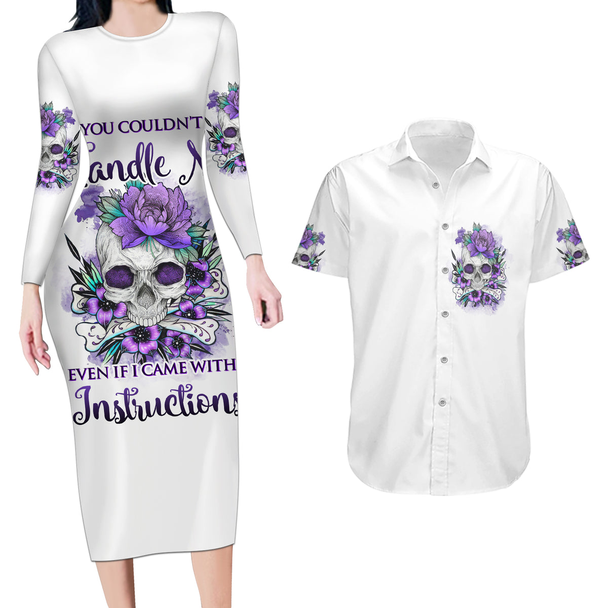 You Couldn't Handle Me Skul Couples Matching Long Sleeve Bodycon Dress and Hawaiian Shirt - Wonder Print Shop