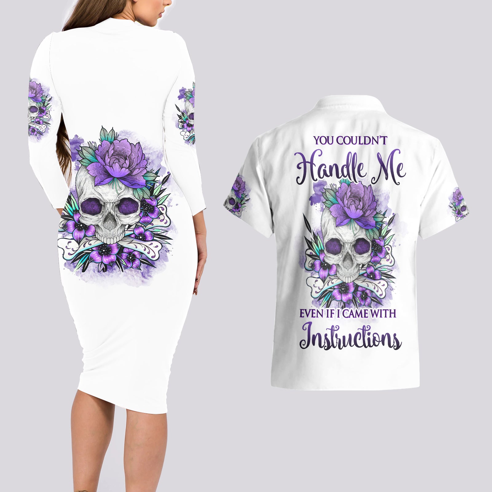 You Couldn't Handle Me Skul Couples Matching Long Sleeve Bodycon Dress and Hawaiian Shirt - Wonder Print Shop