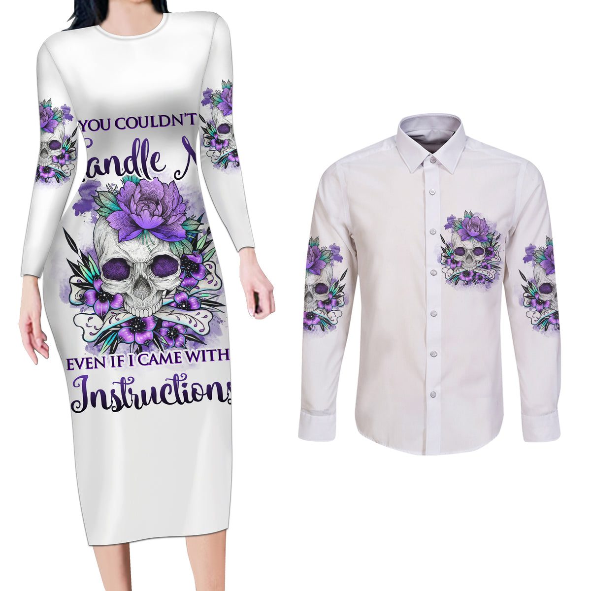 You Couldn't Handle Me Skul Couples Matching Long Sleeve Bodycon Dress and Long Sleeve Button Shirt - Wonder Print Shop