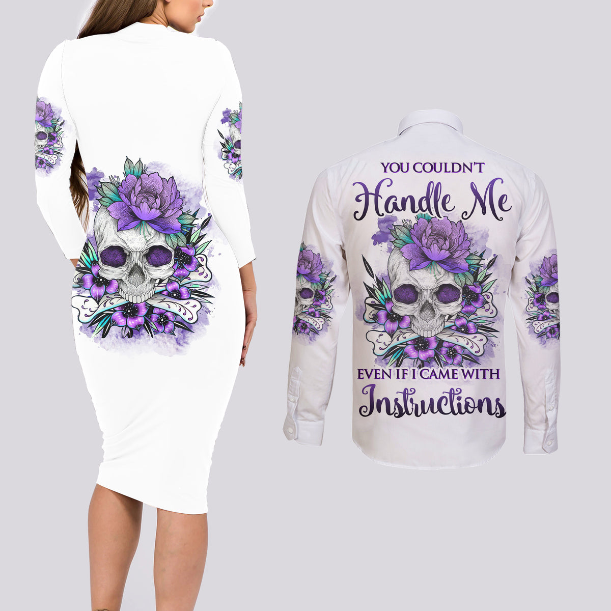 You Couldn't Handle Me Skul Couples Matching Long Sleeve Bodycon Dress and Long Sleeve Button Shirt - Wonder Print Shop