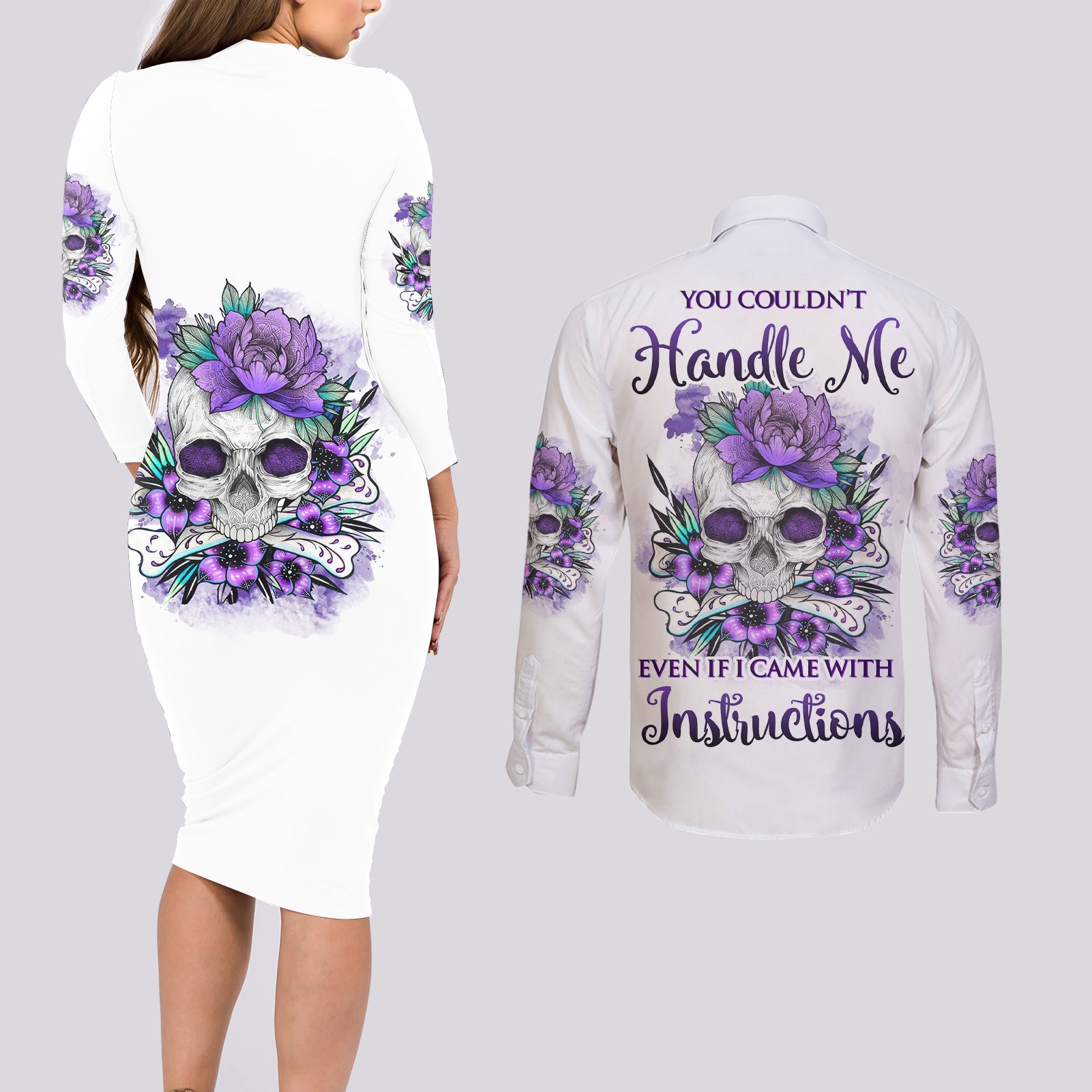 You Couldn't Handle Me Skul Couples Matching Long Sleeve Bodycon Dress and Long Sleeve Button Shirt - Wonder Print Shop