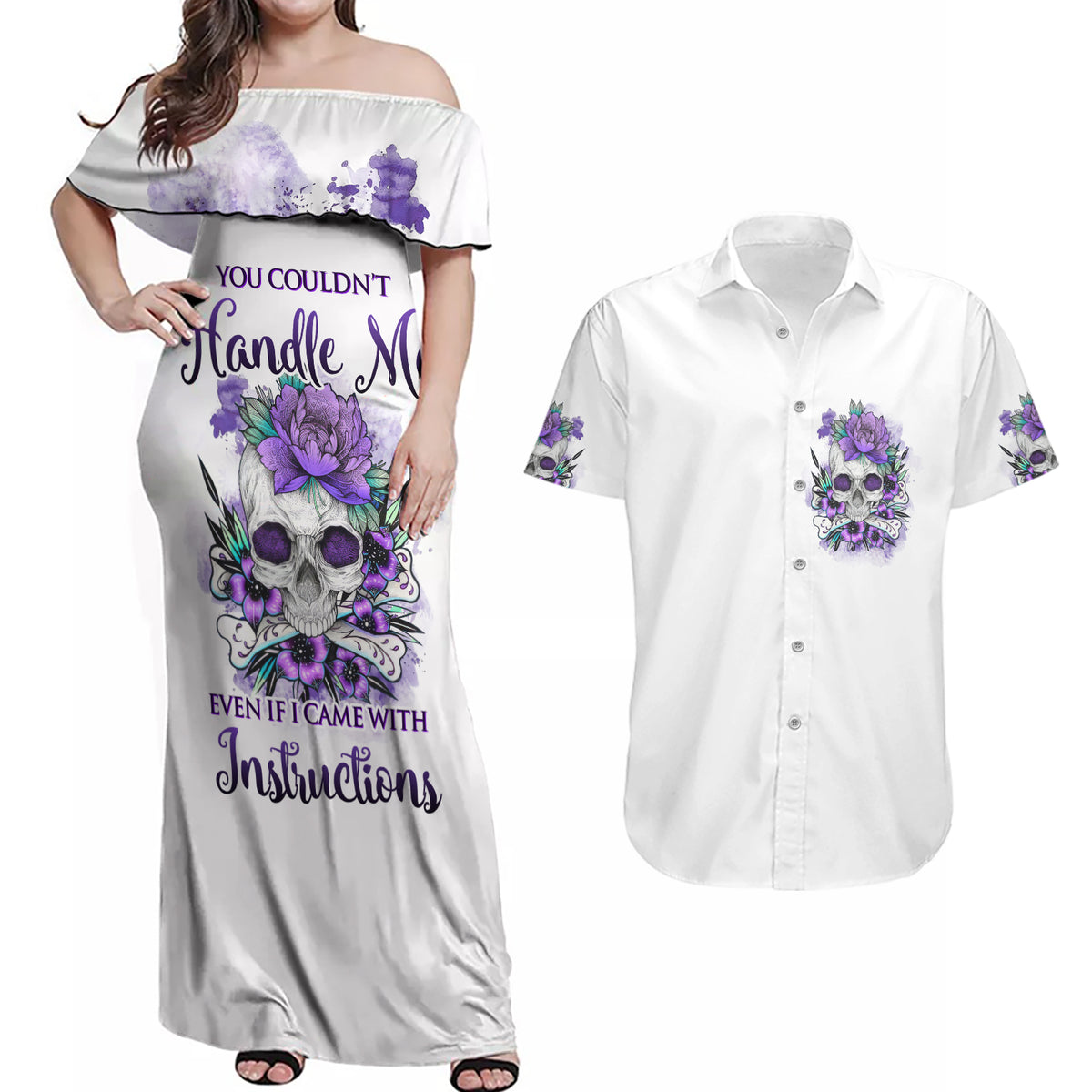 You Couldn't Handle Me Skul Couples Matching Off Shoulder Maxi Dress and Hawaiian Shirt - Wonder Print Shop
