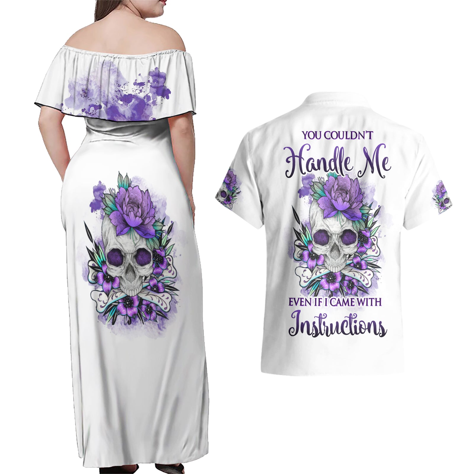 You Couldn't Handle Me Skul Couples Matching Off Shoulder Maxi Dress and Hawaiian Shirt - Wonder Print Shop