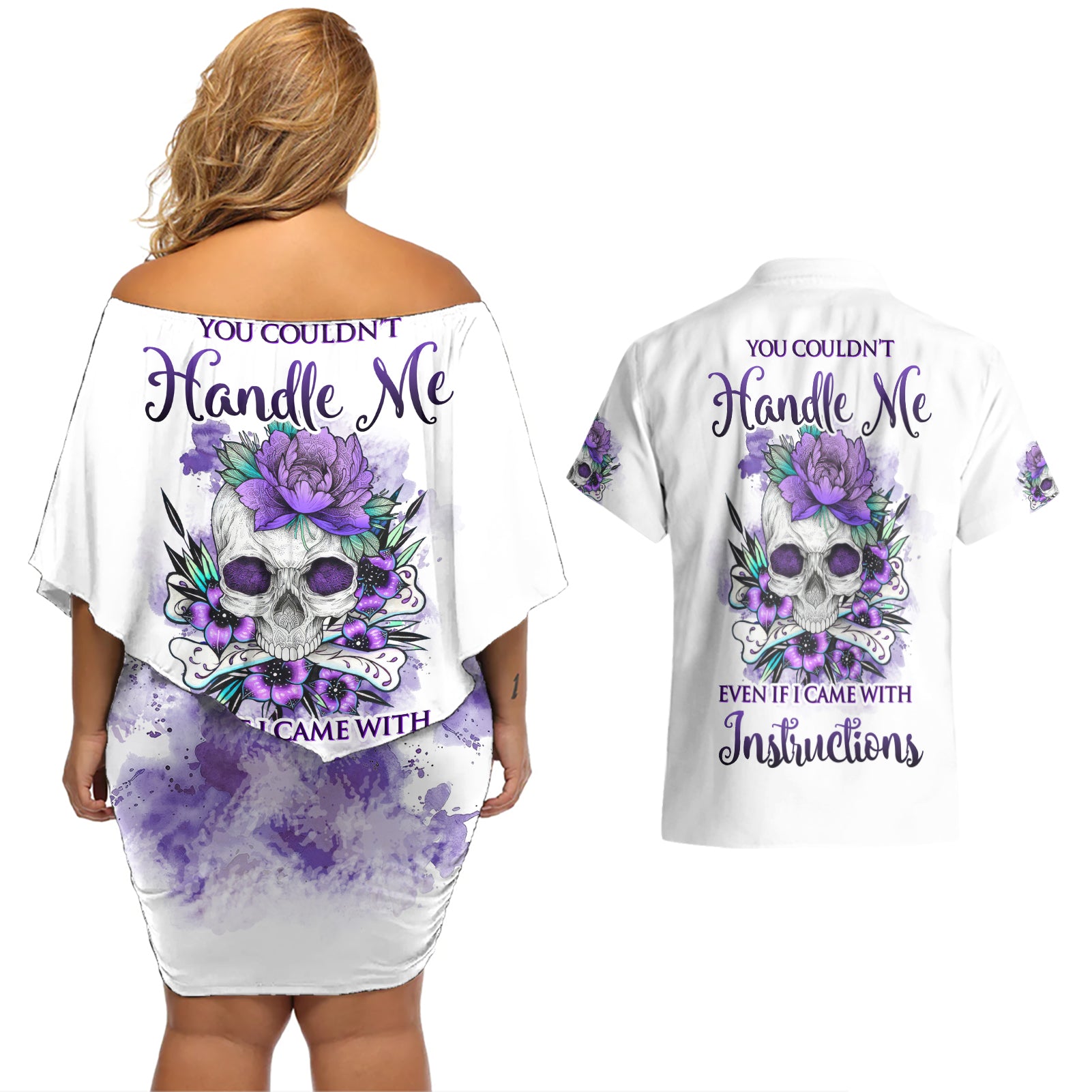 You Couldn't Handle Me Skul Couples Matching Off Shoulder Short Dress and Hawaiian Shirt - Wonder Print Shop