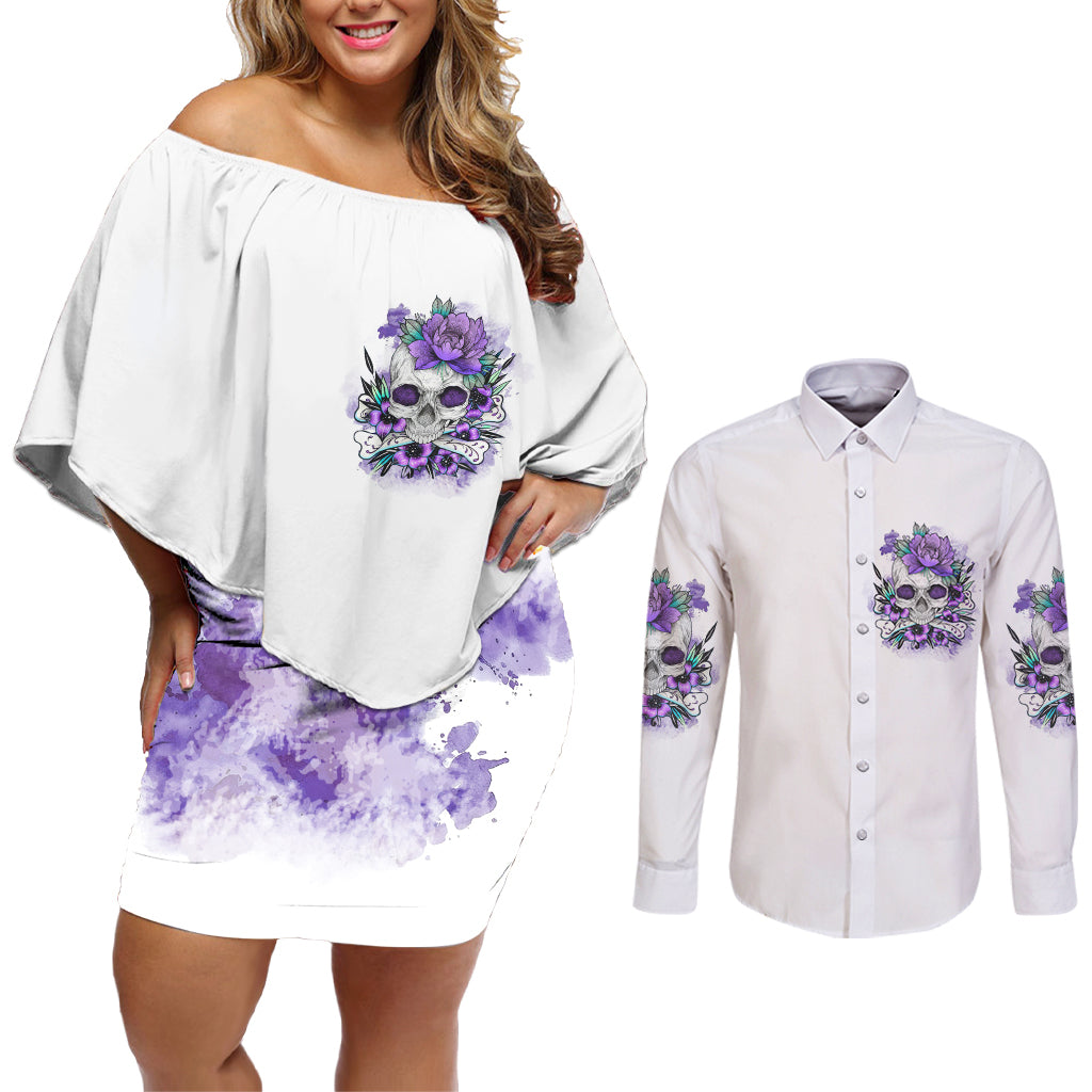 You Couldn't Handle Me Skul Couples Matching Off Shoulder Short Dress and Long Sleeve Button Shirt - Wonder Print Shop