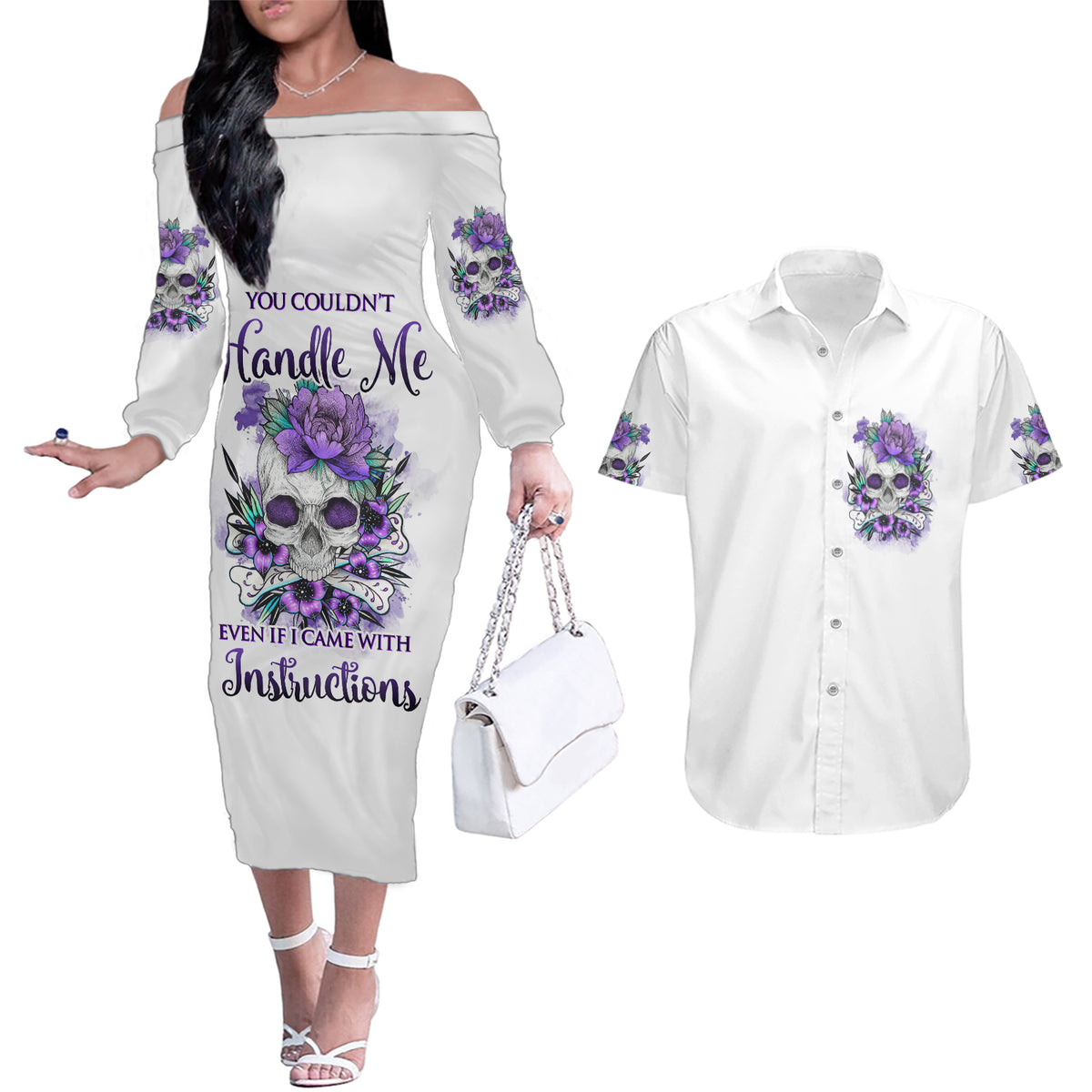 You Couldn't Handle Me Skul Couples Matching Off The Shoulder Long Sleeve Dress and Hawaiian Shirt - Wonder Print Shop