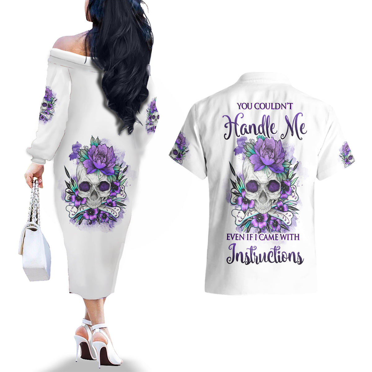 You Couldn't Handle Me Skul Couples Matching Off The Shoulder Long Sleeve Dress and Hawaiian Shirt - Wonder Print Shop