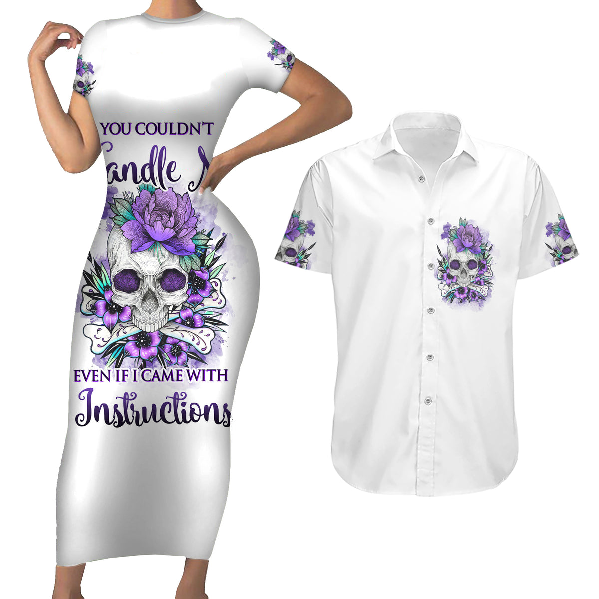 You Couldn't Handle Me Skul Couples Matching Short Sleeve Bodycon Dress and Hawaiian Shirt - Wonder Print Shop