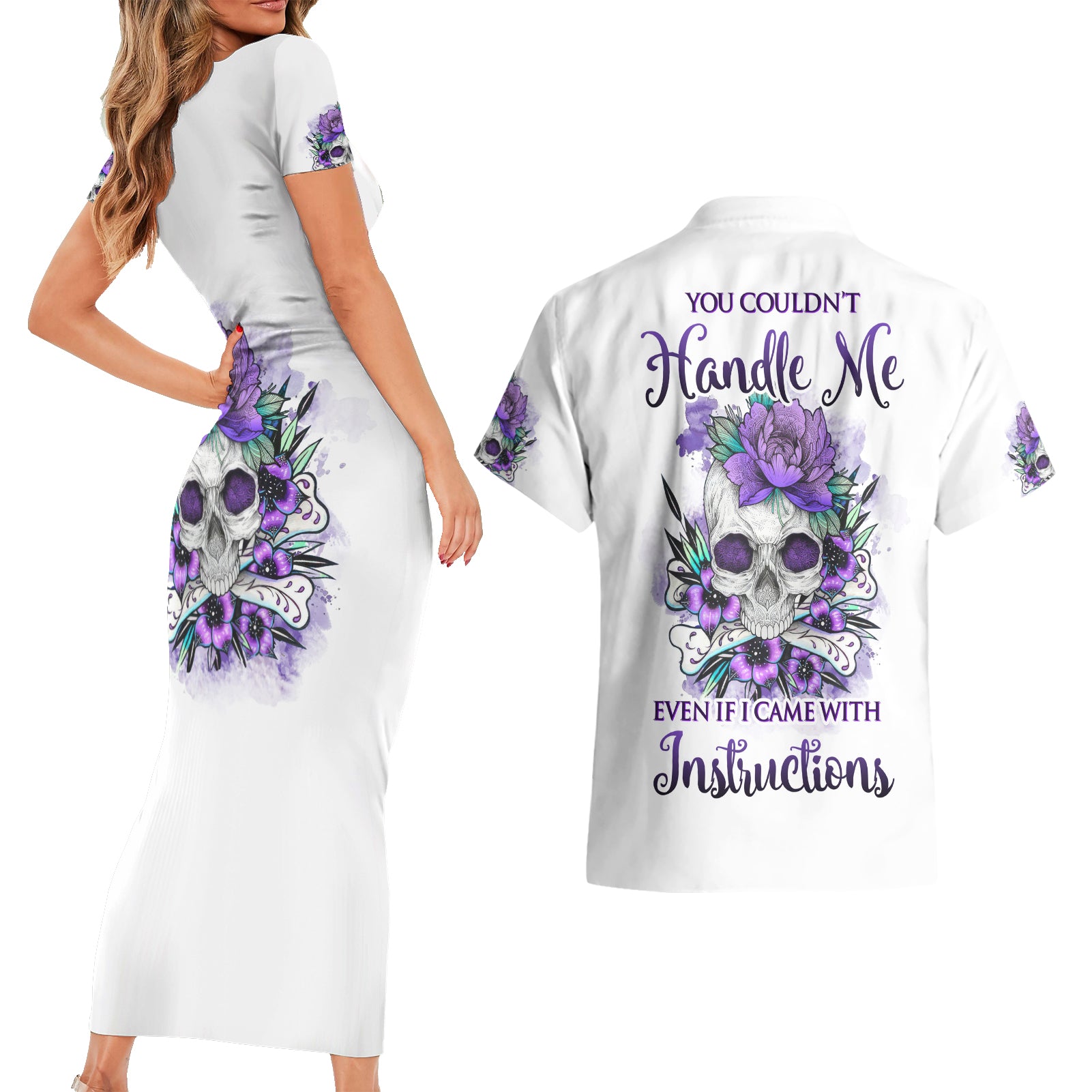 You Couldn't Handle Me Skul Couples Matching Short Sleeve Bodycon Dress and Hawaiian Shirt - Wonder Print Shop