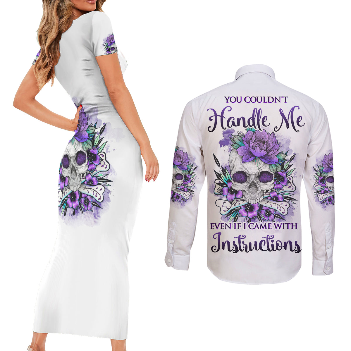 You Couldn't Handle Me Skul Couples Matching Short Sleeve Bodycon Dress and Long Sleeve Button Shirt - Wonder Print Shop
