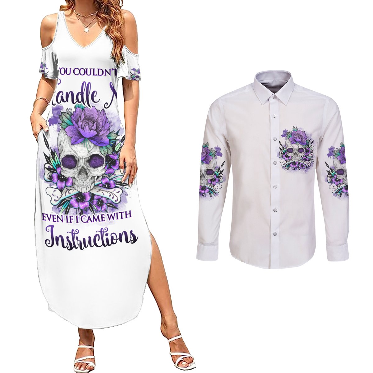 You Couldn't Handle Me Skul Couples Matching Summer Maxi Dress and Long Sleeve Button Shirt - Wonder Print Shop