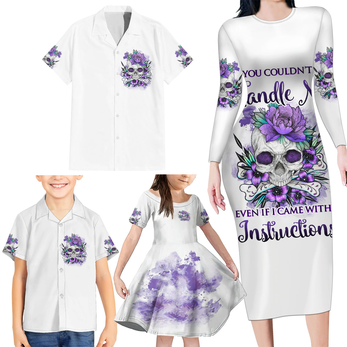 You Couldn't Handle Me Skul Family Matching Long Sleeve Bodycon Dress and Hawaiian Shirt - Wonder Print Shop
