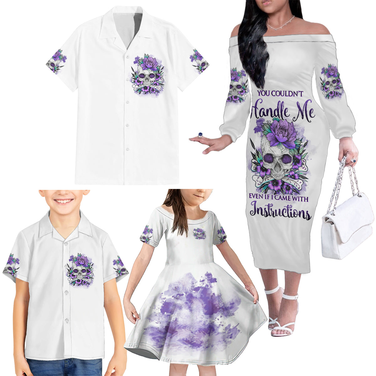 You Couldn't Handle Me Skul Family Matching Off Shoulder Long Sleeve Dress and Hawaiian Shirt - Wonder Print Shop