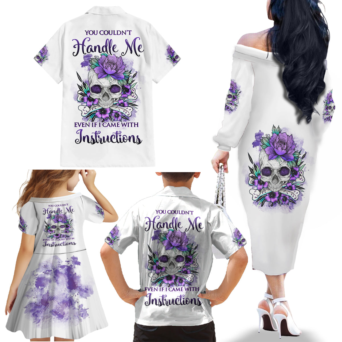 You Couldn't Handle Me Skul Family Matching Off Shoulder Long Sleeve Dress and Hawaiian Shirt - Wonder Print Shop