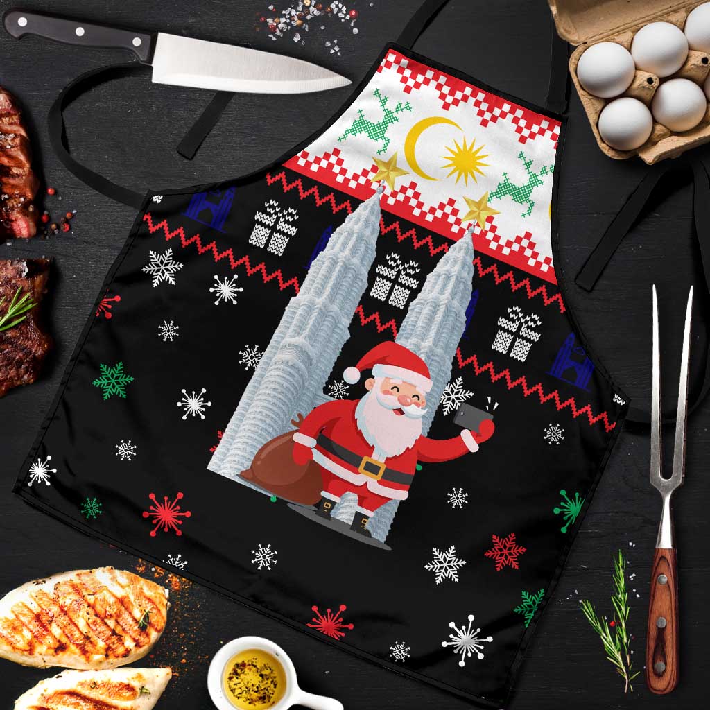 Malaysia Christmas Apron with Santa Claus Petronas Towers Snowflakes and Festive Icons - Wonder Print Shop