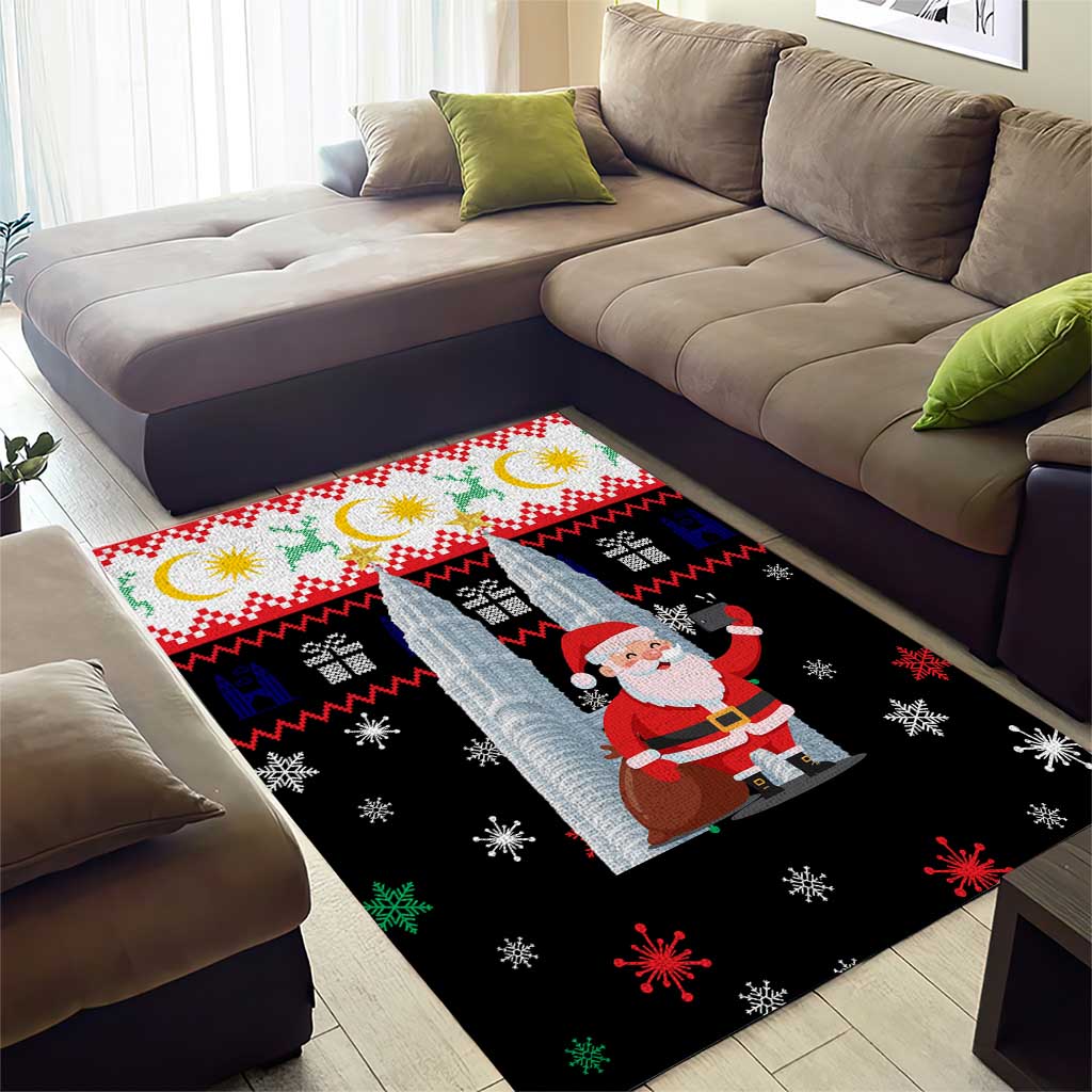 Malaysia Christmas Area Rug with Santa Claus Petronas Towers Snowflakes and Festive Icons - Wonder Print Shop
