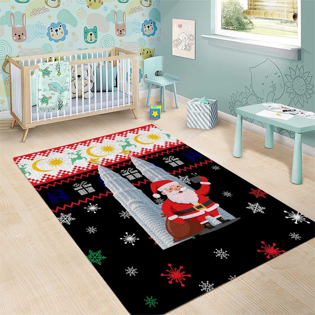 Malaysia Christmas Area Rug with Santa Claus Petronas Towers Snowflakes and Festive Icons - Wonder Print Shop