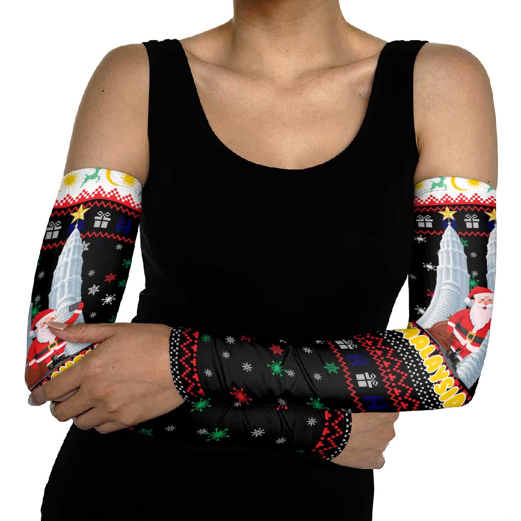 Malaysia Christmas Arm Sleeves with Santa Claus Petronas Towers Snowflakes and Festive Icons - Wonder Print Shop