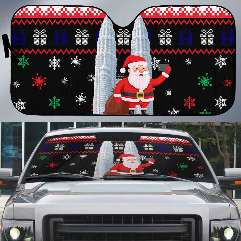 Malaysia Christmas Auto Sun Shade with Santa Claus Petronas Towers Snowflakes and Festive Icons - Wonder Print Shop
