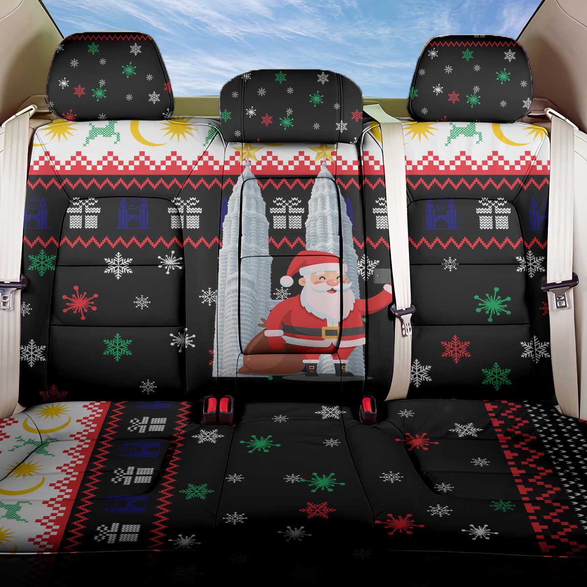 Malaysia Christmas Back Car Seat Cover with Santa Claus Petronas Towers Snowflakes and Festive Icons - Wonder Print Shop