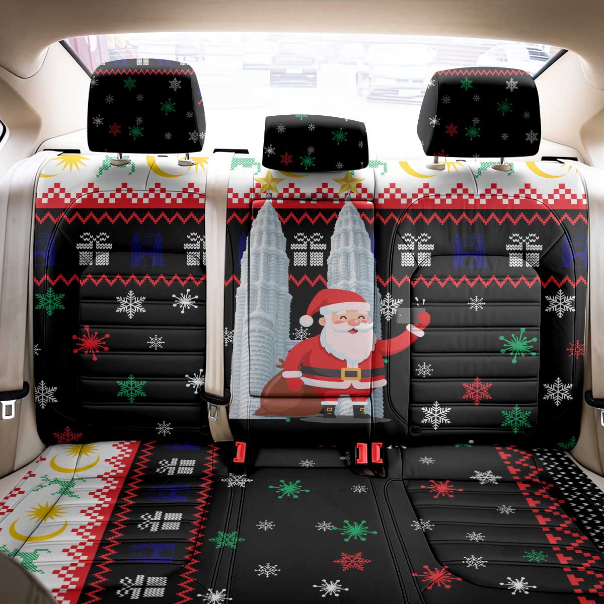 Malaysia Christmas Back Car Seat Cover with Santa Claus Petronas Towers Snowflakes and Festive Icons - Wonder Print Shop