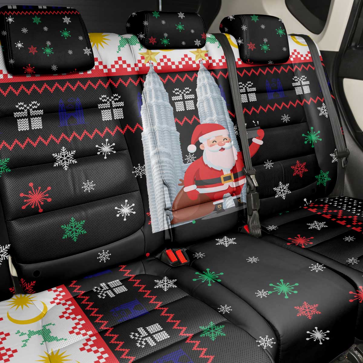Malaysia Christmas Back Car Seat Cover with Santa Claus Petronas Towers Snowflakes and Festive Icons - Wonder Print Shop